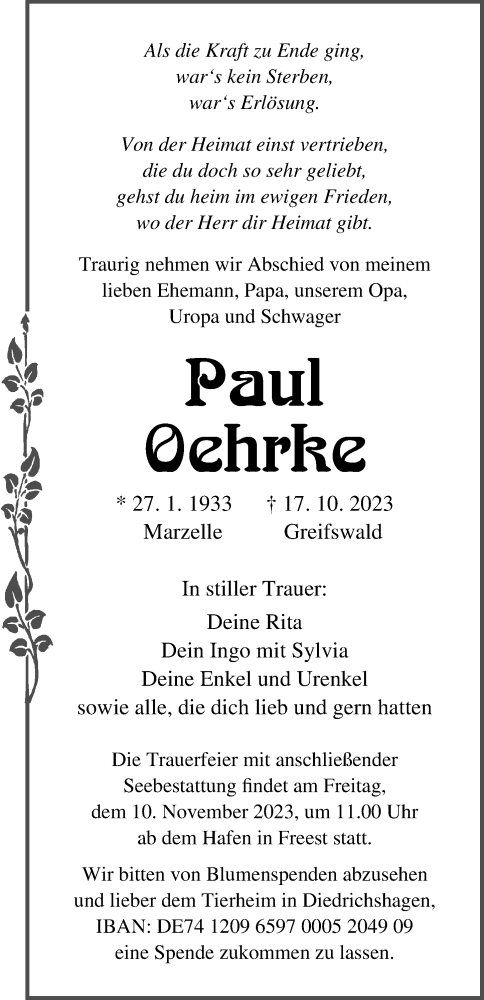 Traueranzeige von Paul Oehrke von Ostsee-Zeitung GmbH