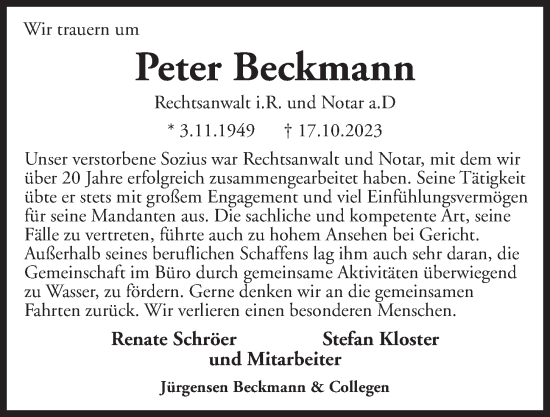 Traueranzeige von Peter Beckmann von Kieler Nachrichten