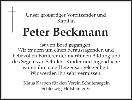 Traueranzeige von Peter Beckmann von Kieler Nachrichten