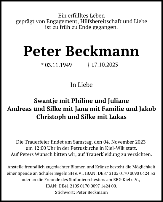 Traueranzeige von Peter Beckmann von Kieler Nachrichten