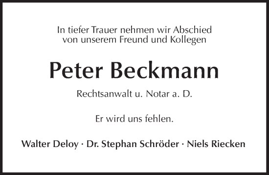 Traueranzeige von Peter Beckmann von Kieler Nachrichten