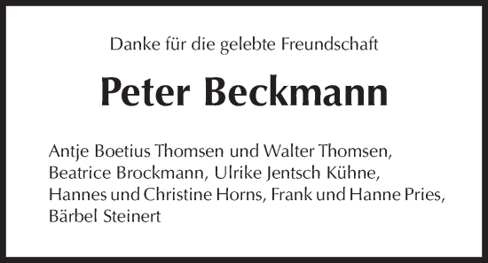 Traueranzeige von Peter Beckmann von Kieler Nachrichten