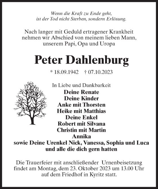 Traueranzeige von Peter Dahlenburg von Märkischen Allgemeine Zeitung