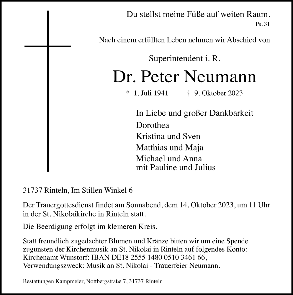  Traueranzeige für Peter Neumann vom 12.10.2023 aus Schaumburger Nachrichten und Schaumburger Zeitung/ Landes-Zeitung