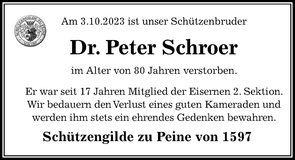  Traueranzeige für Peter Schroer vom 07.10.2023 aus Peiner Allgemeine Zeitung