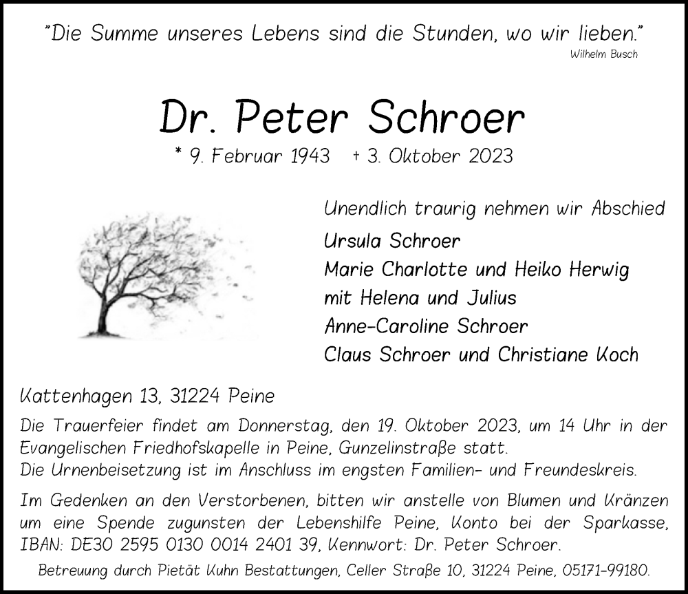  Traueranzeige für Peter Schroer vom 07.10.2023 aus Peiner Allgemeine Zeitung