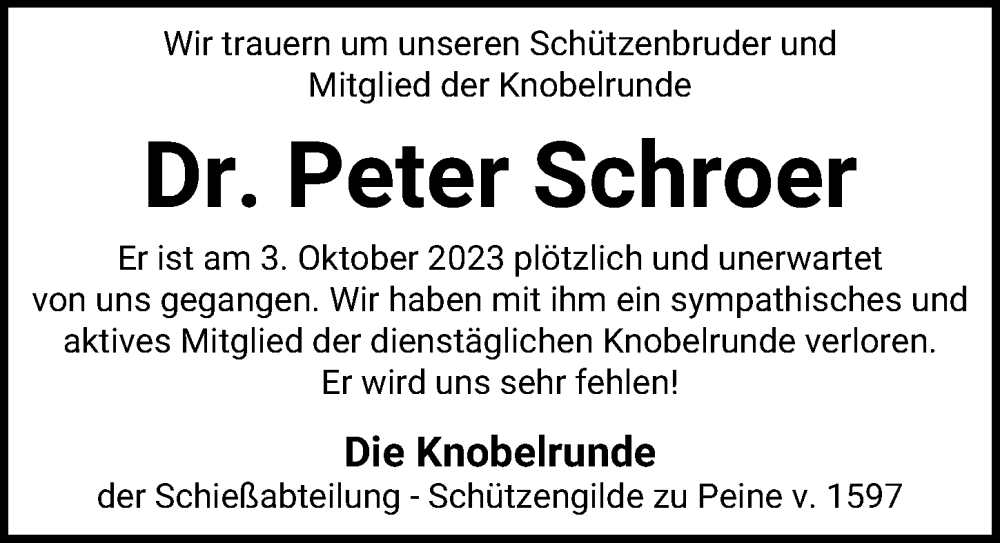  Traueranzeige für Peter Schroer vom 10.10.2023 aus Peiner Allgemeine Zeitung