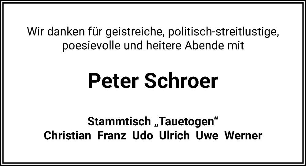  Traueranzeige für Peter Schroer vom 10.10.2023 aus Peiner Allgemeine Zeitung