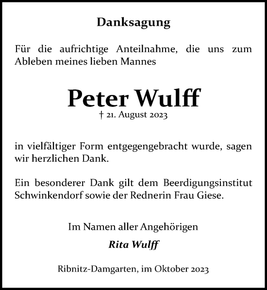 Traueranzeige von Peter Wulff von Ostsee-Zeitung GmbH