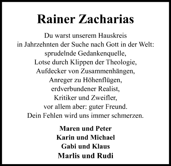 Traueranzeige von Rainer Zacharias von Kieler Nachrichten