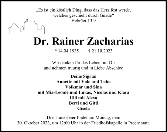 Traueranzeige von Rainer Zacharias von Kieler Nachrichten