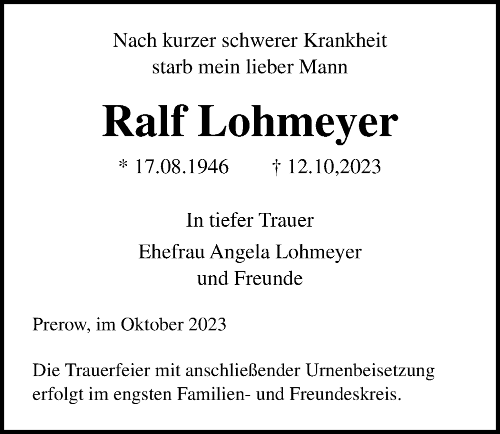  Traueranzeige für Ralf Lohmeyer vom 21.10.2023 aus Ostsee-Zeitung GmbH
