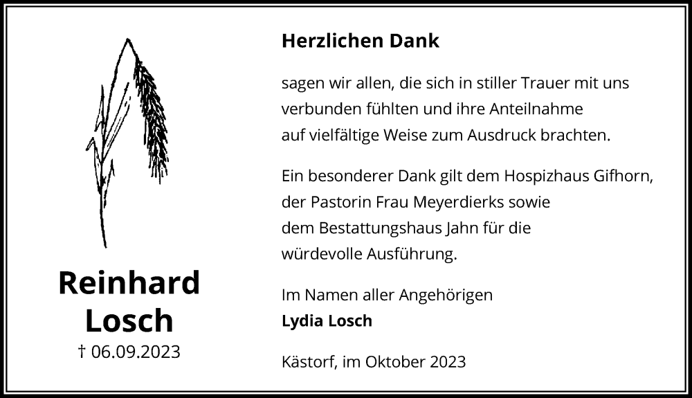  Traueranzeige für Reinhard Losch vom 21.10.2023 aus Aller Zeitung