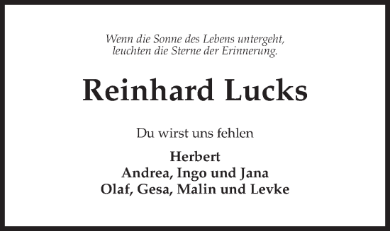 Traueranzeige von Reinhard Lucks von Kieler Nachrichten