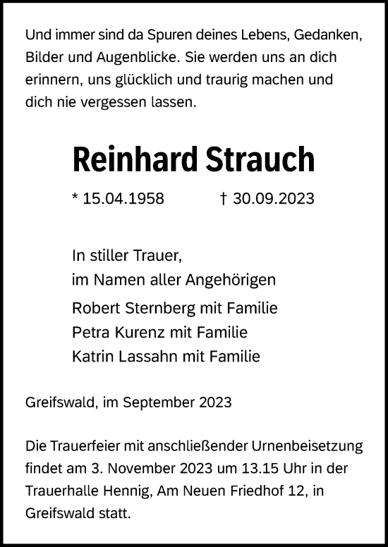 Traueranzeige von Reinhard Strauch von Ostsee-Zeitung GmbH