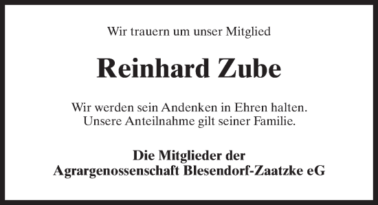 Traueranzeige von Reinhard Zube