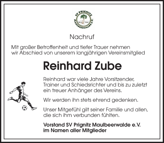 Traueranzeige von Reinhard Zube von Märkischen Allgemeine Zeitung