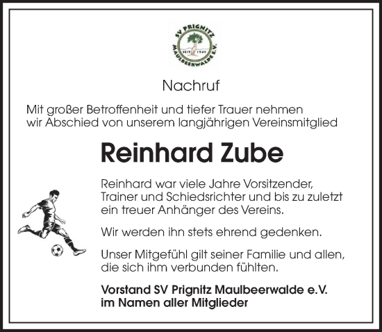 Traueranzeige von Reinhard Zube