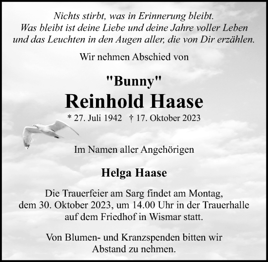 Traueranzeige von Reinhold Haase von Ostsee-Zeitung GmbH