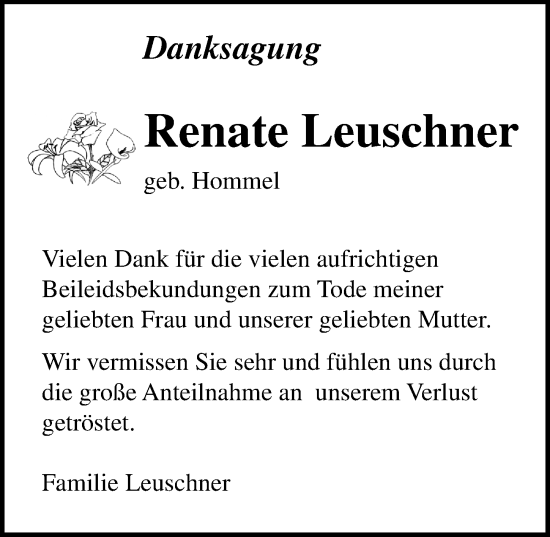 Traueranzeige von Renate Leuschner von Ostsee-Zeitung GmbH