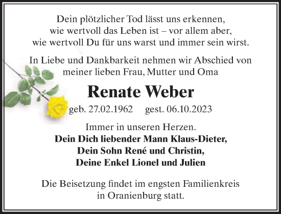 Traueranzeige von Renate Weber von Märkischen Allgemeine Zeitung