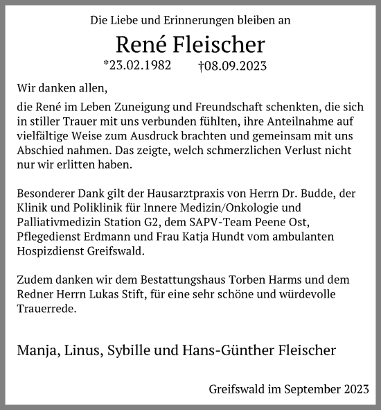 Traueranzeige von Rene Fleischer von Ostsee-Zeitung GmbH