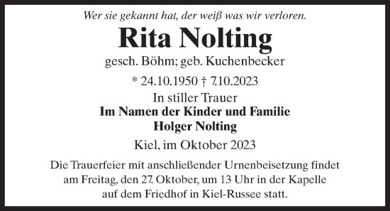 Traueranzeige von Rita Nolting von Kieler Nachrichten