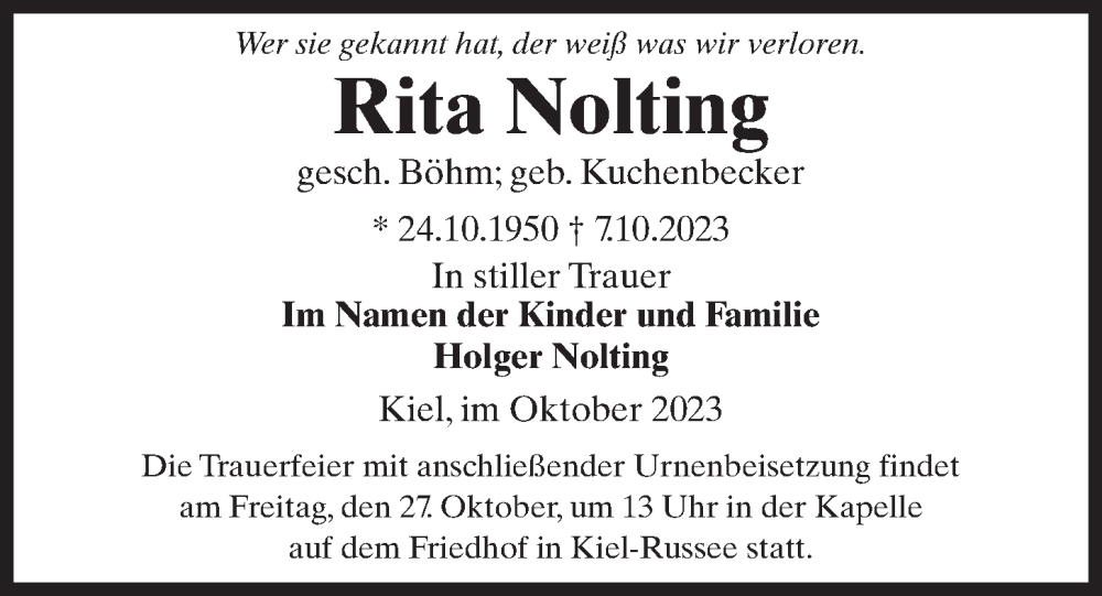  Traueranzeige für Rita Nolting vom 21.10.2023 aus Kieler Nachrichten