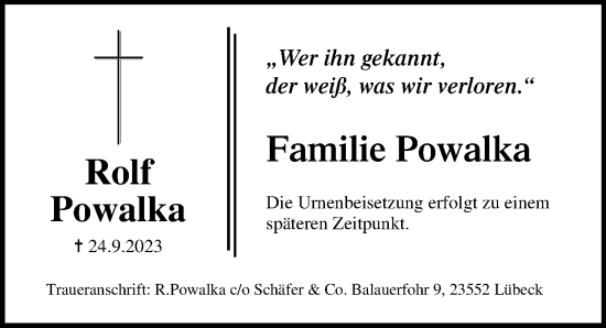 Traueranzeige von Rolf Powalka von Lübecker Nachrichten