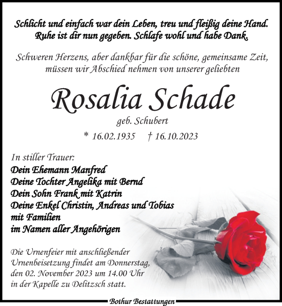 Traueranzeige von Rosalia Schade von Leipziger Volkszeitung