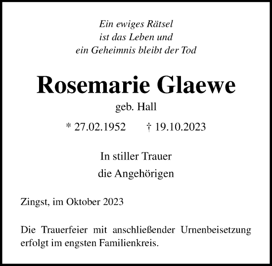 Traueranzeige von Rosemarie Glaewe von Ostsee-Zeitung GmbH