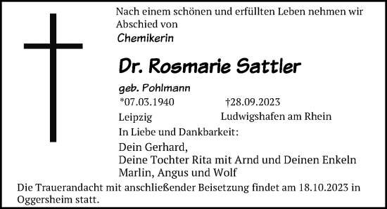 Traueranzeige von Rosmarie Sattler von Leipziger Volkszeitung