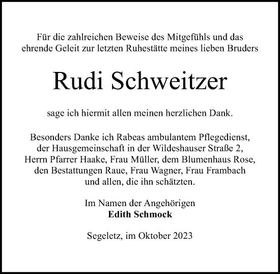 Traueranzeige von Rudi Schweitzer