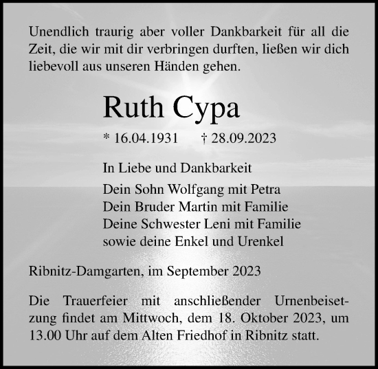 Traueranzeige von Ruth Cypa von Ostsee-Zeitung GmbH