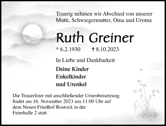 Traueranzeige von Ruth Greiner von Ostsee-Zeitung GmbH