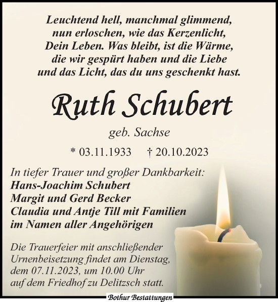 Traueranzeige von Ruth Schubert von Leipziger Volkszeitung