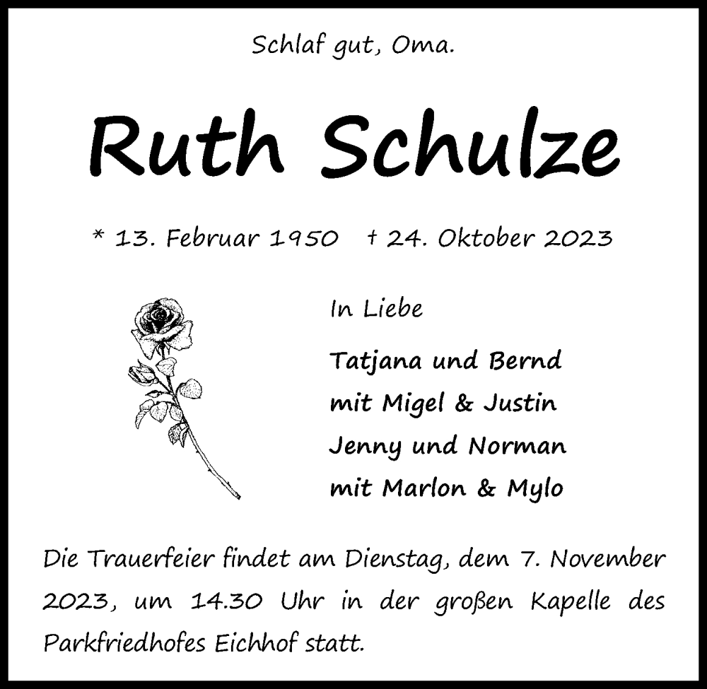  Traueranzeige für Ruth Schulze vom 28.10.2023 aus Kieler Nachrichten