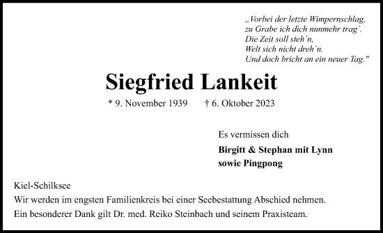 Traueranzeige von Siegfried Lankeit von Kieler Nachrichten