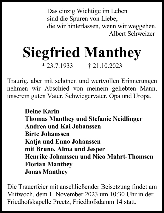 Traueranzeige von Siegfried Manthey von Kieler Nachrichten