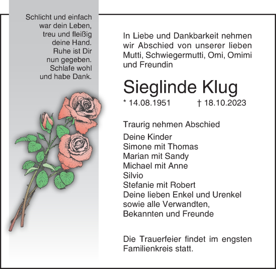 Traueranzeige von Sieglinde Klug von Ostsee-Zeitung GmbH