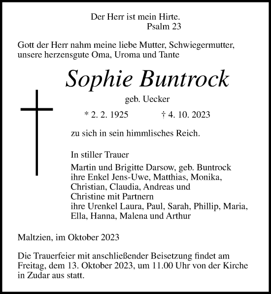 Traueranzeige von Sophie Buntrock von Ostsee-Zeitung GmbH