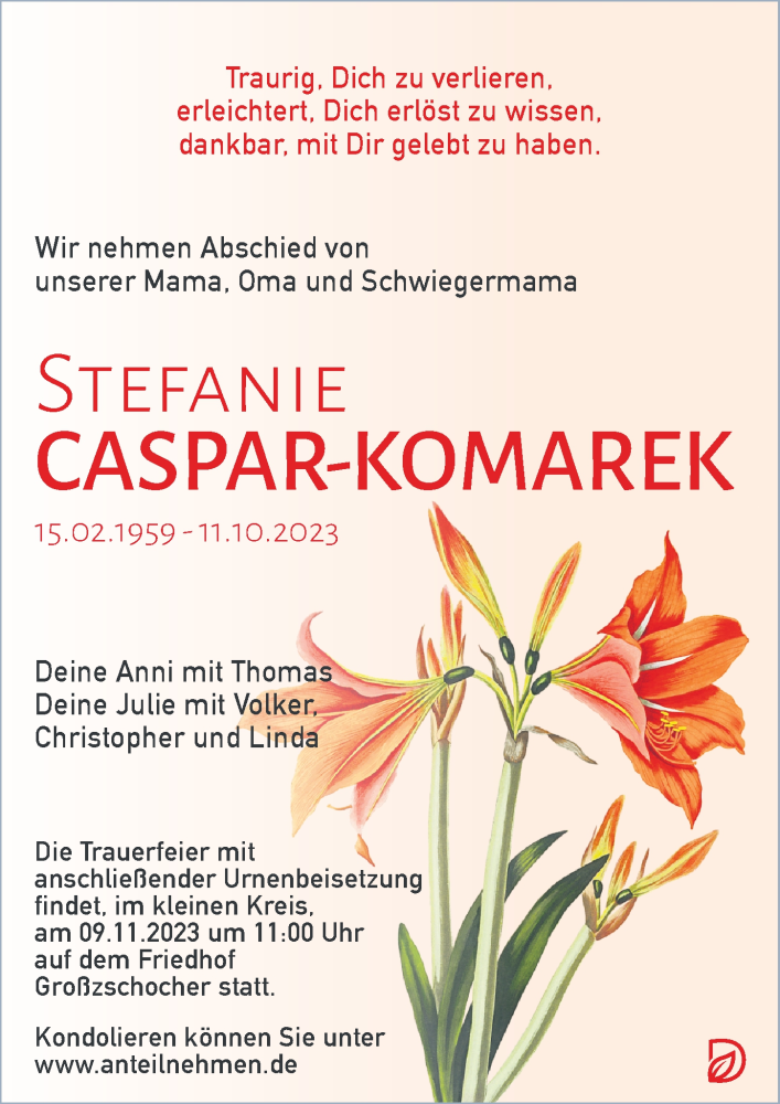  Traueranzeige für Stefanie Caspar-Komarek vom 28.10.2023 aus Leipziger Volkszeitung