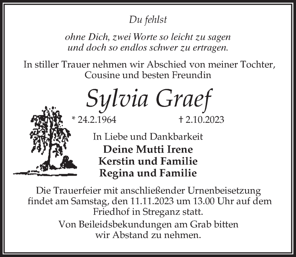  Traueranzeige für Sylvia Graef vom 14.10.2023 aus Märkischen Allgemeine Zeitung