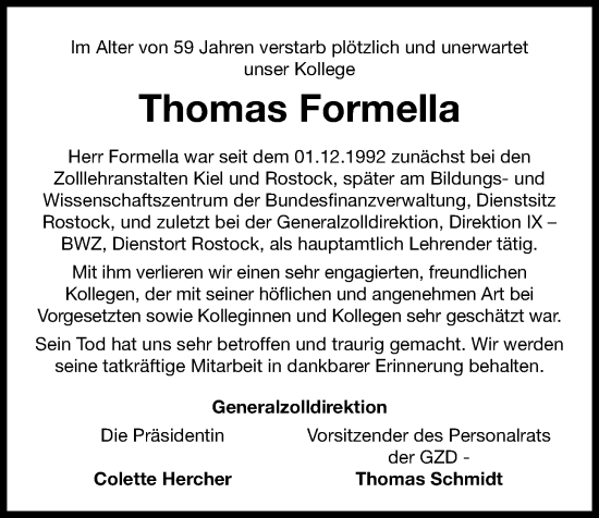 Traueranzeige von Thomas Formella von Kieler Nachrichten
