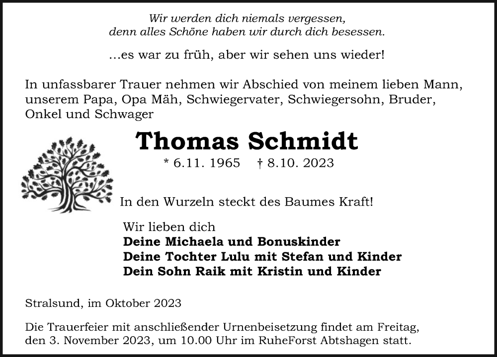  Traueranzeige für Thomas Schmidt vom 14.10.2023 aus Ostsee-Zeitung GmbH
