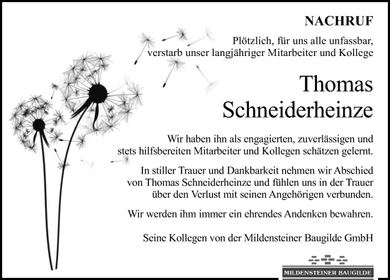 Traueranzeige von Thomas Schneiderheinze von Leipziger Volkszeitung