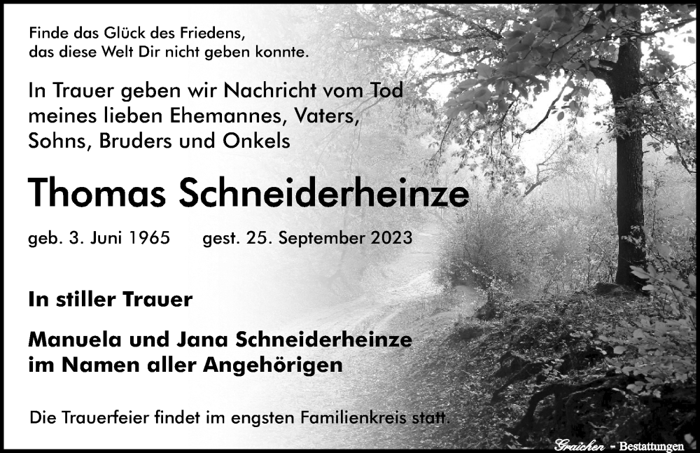  Traueranzeige für Thomas Schneiderheinze vom 14.10.2023 aus Leipziger Volkszeitung
