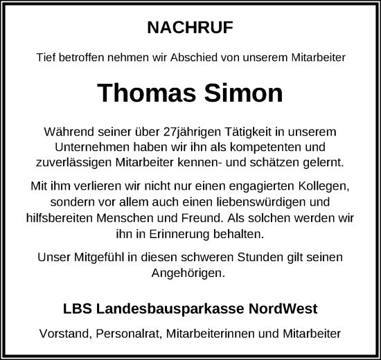 Traueranzeige von Thomas Simon von Hannoversche Allgemeine Zeitung/Neue Presse