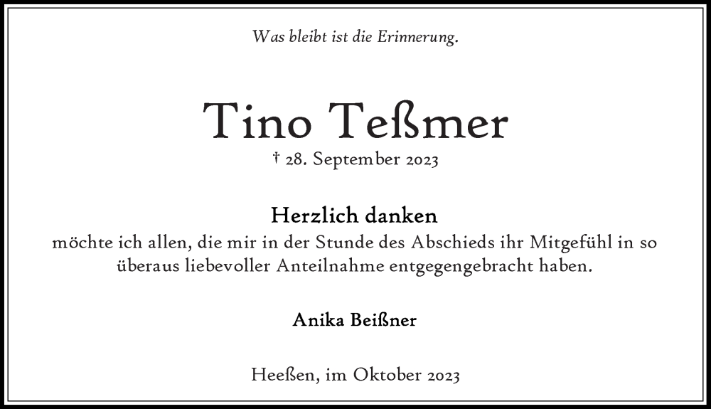  Traueranzeige für Tino Teßmer vom 28.10.2023 aus Schaumburger Nachrichten