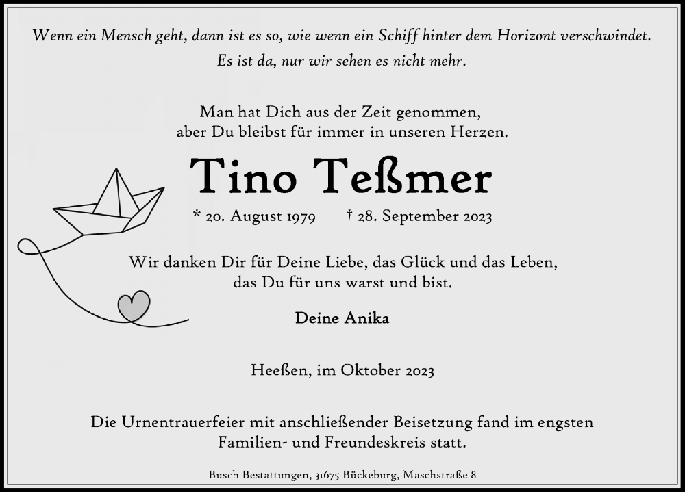  Traueranzeige für Tino Teßmer vom 14.10.2023 aus Schaumburger Nachrichten